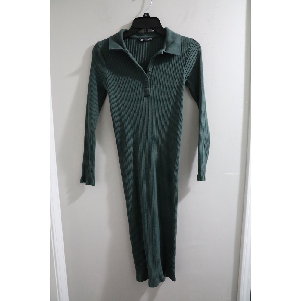 Zara Green Ribbed Knit Midi Dress Collared Long Sleeve Button Front Small